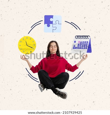 Contemporary art collage. young girl, office worker sitting in yoga pose and meditating with time management cycle. Discipline. Concept of work balance, success, comfort and time