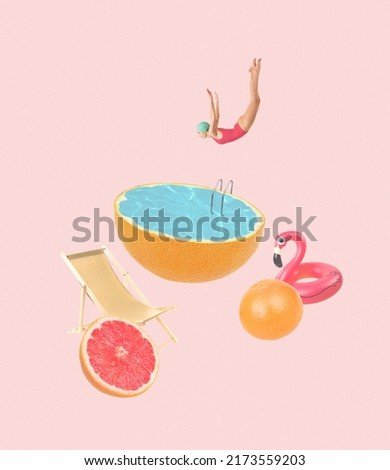 Contemporary art collage. Young girl jumping into lemon swimming pool isolated on pink background. Holiday. Concept of summer, mood, creativity, imagiation, party, fun. Copy space for ad, poster