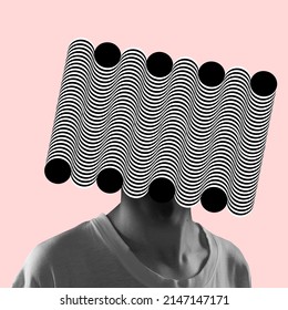 Contemporary art collage. Young man with hypnotic geometrical shape head isolated over pink background. Diversity of thoughts. Optical illusion concept. Concept of psychology, artwork, social life