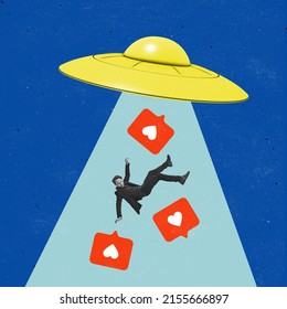 Contemporary art collage. Young man falling down from UFO with social media likes isolated over blue background. Concept of social media, influence, popularity, modern lifestyle and ad - Shutterstock ID 2155666897