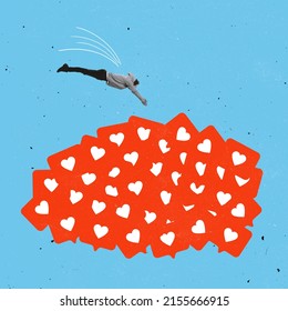 Contemporary art collage. Young man diving into many social media likes isolated over blue background. Internet addiction. Concept of social media, influence, popularity, modern lifestyle and ad - Shutterstock ID 2155666915