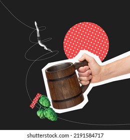 Contemporary Art Collage. Young Man Diving Into Wooden Beer Mug Isolated Over Black Background. Drinking Party. Concept Of Party, Festival, Leisure Time, Oktoberfest. Copy Space For Ad