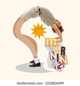 Contemporary Art Collage. Young Man Doing Stretching In The Morning On Long Legs. Morning Exercises. Concept Of Creativity, Surrealism, Hobby, Imagination. Copy Space For Ad, Poster