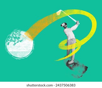Contemporary art collage. Young man wearing VR glasses in black and white filter playing golf in motion. Concept of augmented reality, video games, future technology, AI. Abstract painted design. - Powered by Shutterstock - Get 15% off with code: PIKWIZARD15