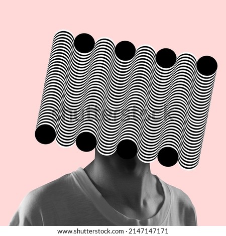 Contemporary art collage. Young man with hypnotic geometrical shape head isolated over pink background. Diversity of thoughts. Optical illusion concept. Concept of psychology, artwork, social life