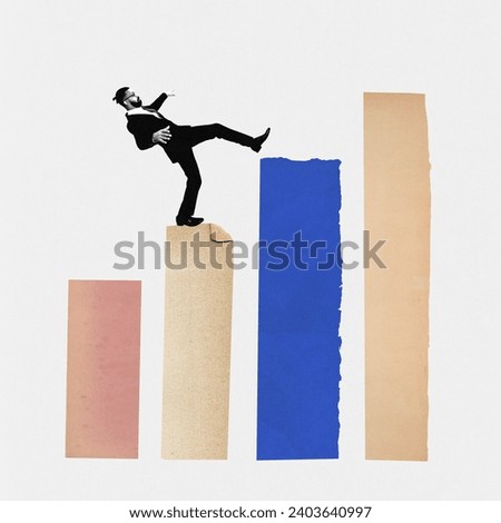 Contemporary art collage. Young man balancing standing on histogram and steps on it like on career ladder against grey background. Concept of business development, career growth, strategy. Ad