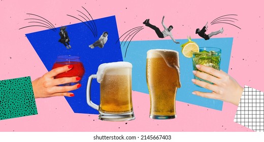 Contemporary art collage. Young people jumping into alcohol cocktails and beer glasses isolated on pink and blue background. Friends having party. Concept of alcohol, addiction, party, taste. Pop art.