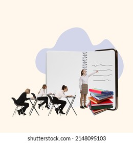Contemporary Art Collage. Young People Having Lesson, Offlline Course. Teen Girl Pointing At Open Book, Giving Information. Concept Of Education, Knowledge, Studying, Training Class. Conceptual Image