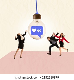 Contemporary art collage. Young people running to light bulb with like icons. In search of popularity. Concept of social media addiction, networks, influence, modern lifestyle and ad - Shutterstock ID 2152819979
