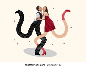 Contemporary Art Collage. Young People, Man And Woman Dancing On Long Legs, Performing. Romance . Concept Of Creativity, Surrealism, Relationship, Hobby, Imagination. Copy Space For Ad, Poster