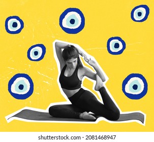 Contemporary art collage of young sportive woman doing yoga, stretching on rug isolated over yellow background. Concept of art, creativity, healthy lifestyle, sport. Copy space for ad - Powered by Shutterstock