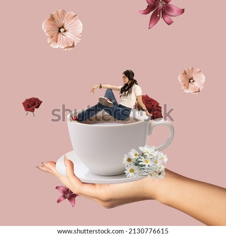 Contemporary art collage. Young stylish woman sitting on coffee cup isolated over pink background with flowers. Lunch time. Springtime mood. Concept of lifestyle, youth culture. copy space for ad