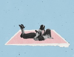 Contemporary Art Collage. Young Woman And Little Girl Lying On Pink Paper Carpet Isolated On Blue Background. Concept Of Vintage And Retro Design, Creativity, Imagination, Inspiration, Artwork And Ad