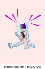 Contemporary art collage. Young woman, girl headed of TV set in pink suit, attire jumping over light background. Copy space for text, design, ad. Magazine style. Flyer. Vertical composition.
