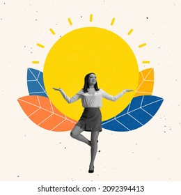Contemporary art collage of young woman standing in yoga pose, meditating. Refreshing mind, feelings. Concept of new start, ideas, inspiration, meditation, awareness, calm. Copy space for ad - Shutterstock ID 2092394413