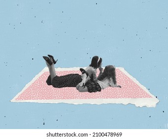 Contemporary art collage. Young woman and little girl lying on pink paper carpet isolated on blue background. Concept of vintage and retro design, creativity, imagination, inspiration, artwork and ad
