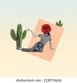 Contemporary Art Collage. Young Woman With Rose Flower Head Sitting Aroud Cactus Isolated Over Light Pastel Background. Retro And Vintage Style. Concept Of Freedom, Fun, Party, Love And Ad