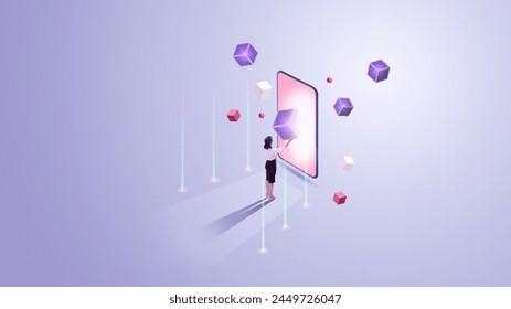 Contemporary art collage. Young woman, businesswoman stands in front of smartphone and put cube to screen against gradient background. Concept of business and virtual reality, technology, finance. Ad - Powered by Shutterstock