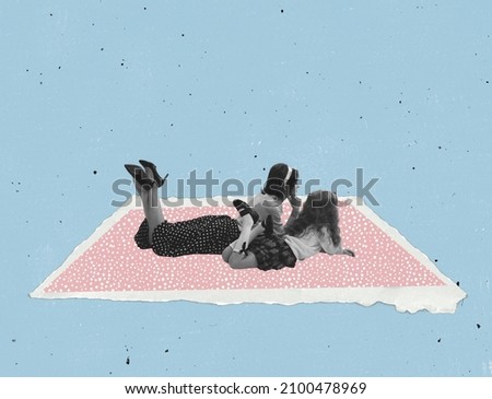 Contemporary art collage. Young woman and little girl lying on pink paper carpet isolated on blue background. Concept of vintage and retro design, creativity, imagination, inspiration, artwork and ad
