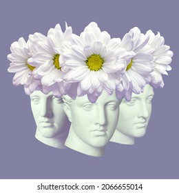 Contemporary Art Collage.3D Ancient Three Head Statues, White Stone. Head Sculpture White Flowers Bouquet On Violet Background. Concept Trendy Greek Statue And Blooming Vibes