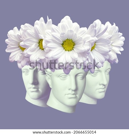 Contemporary art collage.3D Ancient three head statues, white stone. Head sculpture white flowers bouquet on violet background. Concept trendy greek statue and blooming vibes