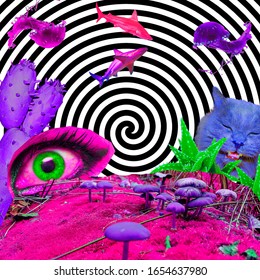 Contemporary art collage.Psychedelic, Hallucination,Mushrooms mood