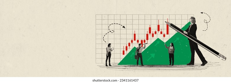 Contemporary art colllage of woman with huge pencel draws a graph of growth with people watching and tracking graphic. Concept of profitable investment, business, finance. Ad