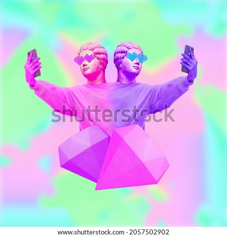 Contemporary art concept collage. Antique statue head and human body. Male selfie lover. Zine and vapor wave culture vibes