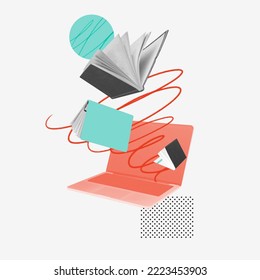 Contemporary art. Conceptual image. Paper books falling down into laptop symbolizing popularity of online information search. Concept of education, online studying, knowledge development, information - Shutterstock ID 2223453903