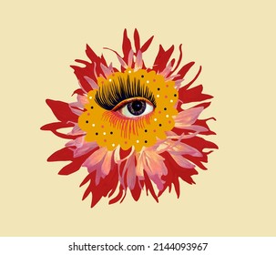 Contemporary Art Design. Eyeball In Flower. Modern Conceptual Art Poster With With Beautiful Eye In A Mas Surrealism Style.