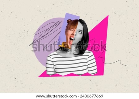 Contemporary art picture collage of young girl with different emotions grimace mental disorder problem isolated on gray background