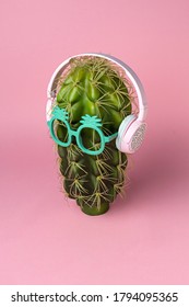 Contemporary Art Summer Concept Photography. Hipster Cactus DJ. Colorful Music Fun Vibes.