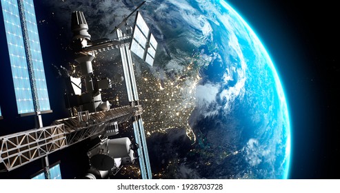 Contemporary artificial satellite machine flying in outer space on orbit of rotating Earth