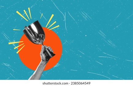 A contemporary artistic collage featuring a hand holding a trophy. The concept of victory and achievement. - Powered by Shutterstock