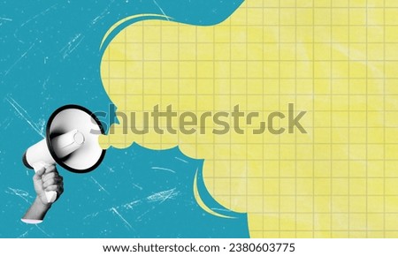 Contemporary artistic collage with an image of a loudspeaker on a blue background with a yellow message bubble and space for text, advertising. The concept of advertising and propaganda.