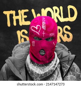 Contemporary artwork. Brutal, dangerous man in pink balaclava isolated on balck background with golden lettering. Stylish thief. Concept of creativity, street style art, youth culture. Colorful image