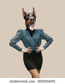 Contemporary artwork, conceptual art collage. Business woman headed by dog head isolated on light background. Trendy colors, copyspace for advertising. Fashion, emotions, ad, sales, surrealism concept
