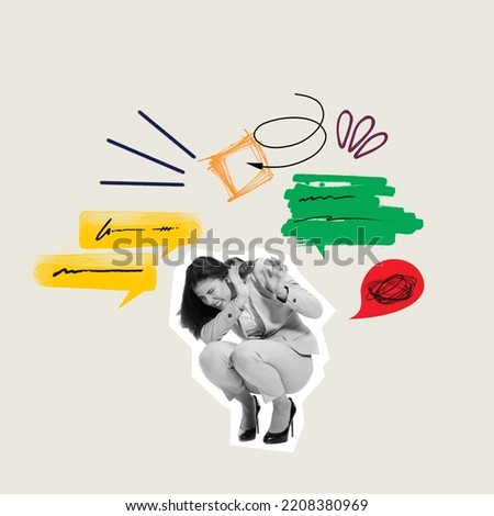 Contemporary artwork. Conceptual image with young woman trying to escape negative messages on Internet. Concept of social problems, psychology, bullying, cyberbullying, depression, abuse. Poster, ad