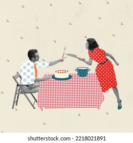 Contemporary Artwork. Creative Design In Retro Style. Young Couple, Man And Woman Quarreling In The Kitchen With Knife And Fork. Domestic Abuse. Concept Of Family, Relationship, Vintage, Lifestyle.