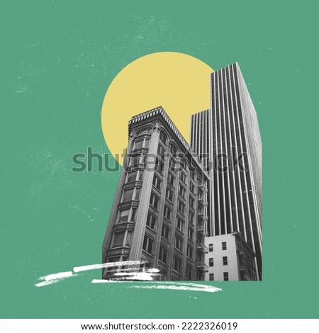 Contemporary artwork. Creative design in retro style. Black and white image of building in big city. Modern and vintage. Concept of creativity, surrealism, imagination, futuristic landscape. Poster