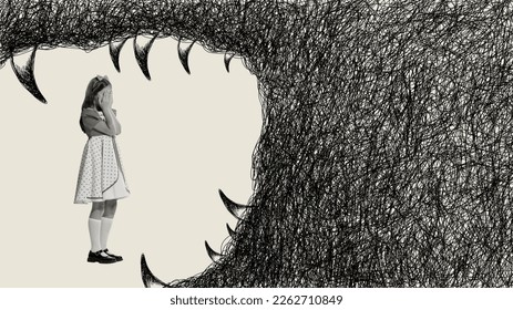 Contemporary artwork. Little girl, child feeling scared, hiding from giant monster. Inner fantasy, fears. Childhood and fairy tales. Psychology, inner world, mental health, feelings. Conceptual art