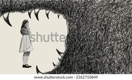 Contemporary artwork. Little girl, child feeling scared, hiding from giant monster. Inner fantasy, fears. Childhood and fairy tales. Psychology, inner world, mental health, feelings. Conceptual art