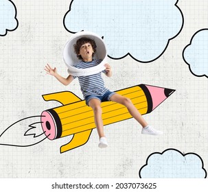 Contemporary Artwork Of Little Pupil Flying Like Astronaut On Pencil In Form Of Rocket Over Cloud Background. Excited And Surprised Boy Face. Back To School. Concept Of Online Education, Ad