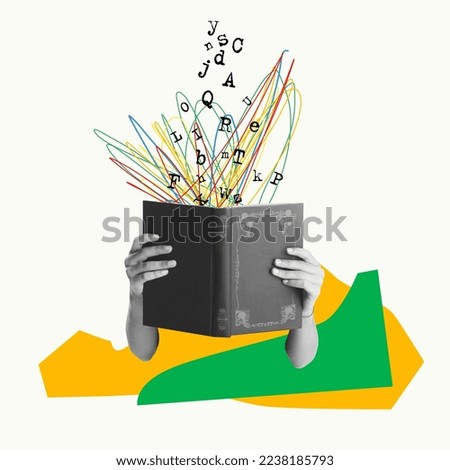 Contemporary artwork. Male hands holding book with letters appearing over. Interesting story telling, information, education. Concept of creativity, surrealism, news, inspiration. Copy space for ad Foto stock © 