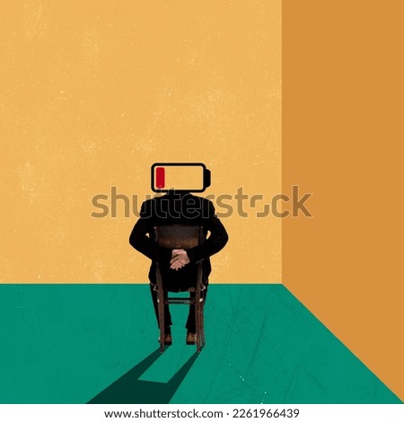 Contemporary artwork. Man in bussiness suit with battery of low charge sitting on chair over green yellow room. Concept of business, psychology, brainstorming, burnout syndrome. Surrealism