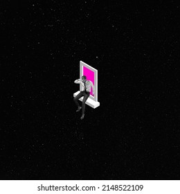 Contemporary artwork. Man sitting on the windowsill with pink light isolated over black starry space background. Flight of imagination. Concept of imagination, inspiration, surrealism, abstract design