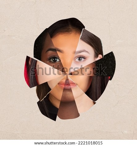 Contemporary artwork. Modern design. Kaleidoscope shape of women's faces of different race, color, age, nationality. Concept of beauty standards, multi ethnicity, friendship, diversity, human rights
