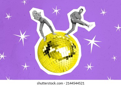 Contemporary artwork picture two young party people dancing on top of big discoball hang out chill advertisement concept isolated sketch fantasy purple background