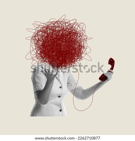 Contemporary artwork. Tangled thoughts. Woman emotionally talking on phone. Drawn chaotic threads over head. Messy conversation. Psychology, interpersonal relationships, feelings. Conceptual art