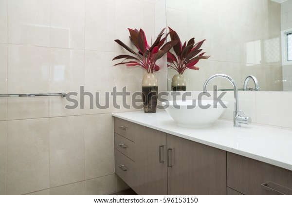 Contemporary Bathroom Granite Bench Top Tiled Stock Photo Edit